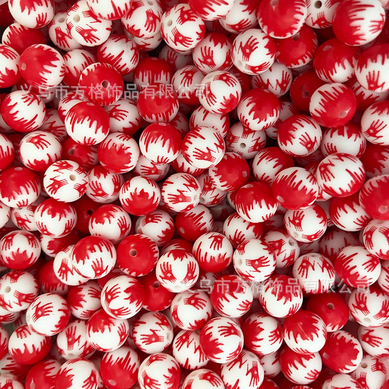 Wholesale 50pcs DIY Christmas Snowman Christmas Tree Printing 15mm Silicone Beads